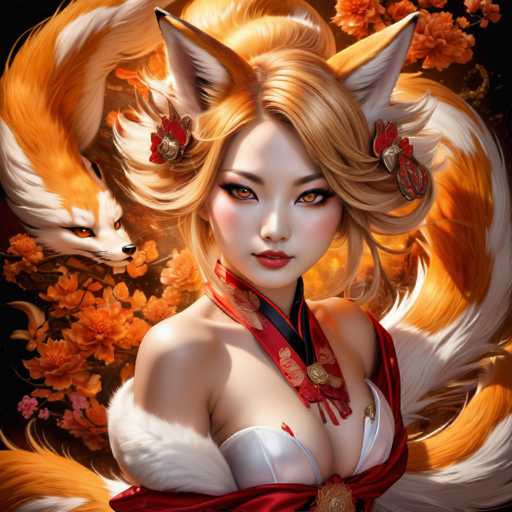 This image is a detailed, computer-generated illustration of a young Asian woman with a striking blend of human and fox features. She has long, flowing blonde hair with white tips, styled in a bun, and adorned with fox ears that are white on the inside and orange on the outside. Her eyes are a captivating amber or orange-brown, and she has red lips and a small nose. She is dressed in a white bra with a fur-trimmed edge and a red sash around her neck, which features a gold emblem. The background is filled with vibrant orange and pink flowers, and a fox's head, matching her hair color, is visible on the left side of the image. The overall composition suggests a fantasy or anime-inspired theme, with the woman looking directly at the viewer.