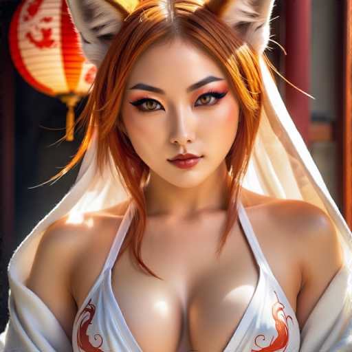 This image features a strikingly beautiful young Asian woman, likely in her early 20s. She has long, flowing red hair that cascades down to her shoulders, with a hint of orange in her locks. Her hair is adorned with white, furry animal ears, adding a whimsical touch to her appearance. She has captivating brown eyes accentuated by dramatic black eyeliner and a touch of pink eyeshadow. Her lips are painted a bold red, complementing her fair complexion.

She is dressed in a white bikini top that reveals a generous amount of cleavage, and the top is decorated with intricate red dragon designs on both sides. Draped over her shoulders is a sheer white fabric, resembling a veil, which adds an ethereal quality to her look.

The background features a traditional red Chinese lantern with white and red designs, hanging to the left of her head. The lantern is illuminated, casting a warm glow. To the right, there is a red pole, and the wall behind her is a muted gray, providing a neutral backdrop that makes her vibrant appearance stand out even more.