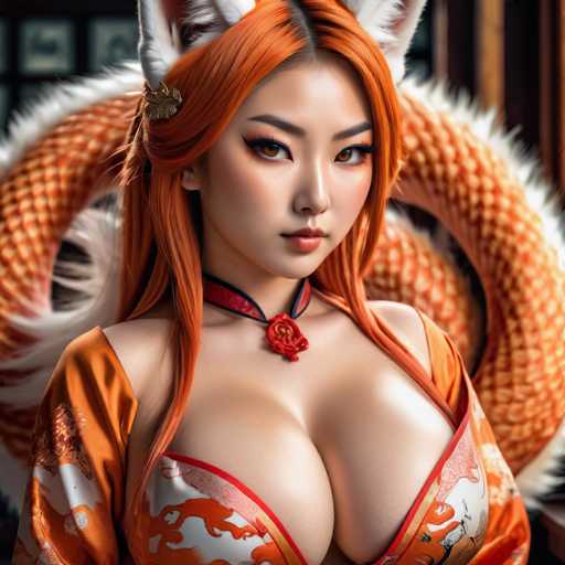 This AI-generated image features a young Asian woman with strikingly vibrant orange hair, styled in a straight, shoulder-length cut. She is adorned with white fox ears, adding a whimsical touch to her appearance. Her attire is equally captivating, resembling a traditional kimono in shades of orange and white, with intricate designs that include a depiction of a dragon or snake. The garment is low-cut, revealing a hint of cleavage. Around her neck, she wears a red choker necklace, embellished with a red rose pendant. The background is blurred, but it suggests the presence of a large, orange and white dragon or snake, enhancing the overall fantastical theme of the image.