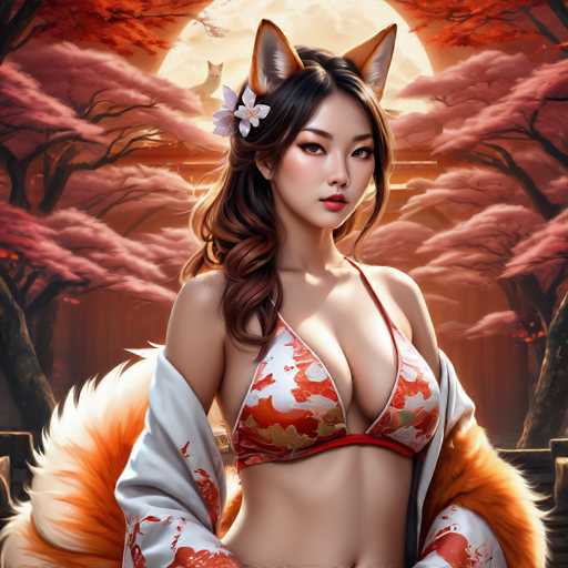 This digital artwork features a young Asian woman, likely in her late teens or early twenties, with long, dark brown hair that cascades down to her chest. She has striking fox ears, which are orange with white interiors, and a white flower adorning her hair. The woman is dressed in a white bikini top with red and gold accents, complemented by a white kimono with red and gold details draped over her shoulders. Her attire is accentuated by a large, bushy orange and white fox tail that extends from her back. She has red lipstick and is looking directly at the viewer with a serious expression. The background is a serene night scene with a large, glowing full moon partially obscured by pink and orange trees. A white cat can be seen in the distance, adding to the mystical atmosphere. The overall composition blends elements of traditional Japanese attire with fantastical features, creating a captivating and detailed image.