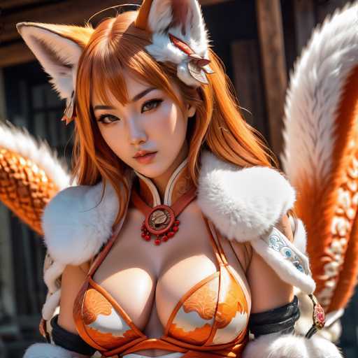 The image shows an anime character with long red hair and a white collar, wearing an orange bikini top and white fur coat. The character is facing the camera directly, with her eyes looking off to the side.