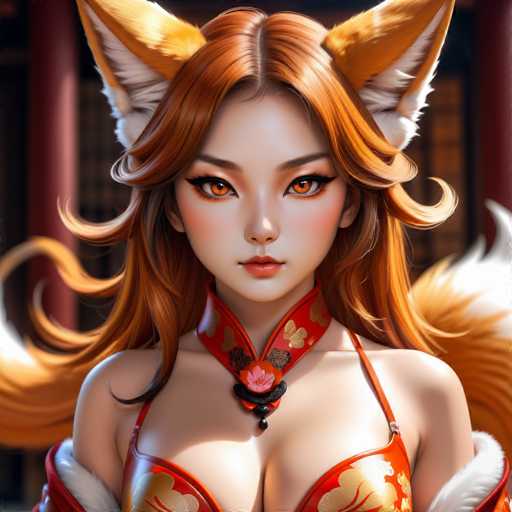 This image features a highly detailed, computer-generated depiction of a young woman with striking, vibrant red hair. Her hair is styled in a way that it cascades down her back while the front strands are curled and flipped upwards, framing her face. She has large, expressive orange eyes and a small, delicate nose. Her lips are painted a soft pink, adding a touch of femininity to her appearance.

The woman is adorned with a pair of fox ears, which are orange with white fur on the inside, giving her a whimsical and fantastical look. She is dressed in a red top that features intricate gold floral patterns, adding a touch of elegance to her outfit. The top has thin straps and a high collar that extends up to her neck, where a black and red pendant is attached, further enhancing the ornate design.

Her complexion is fair, and she has a slight blush on her cheeks, which adds a healthy glow to her face. The background is blurred, but it suggests she is in a room with red walls and a window, adding depth to the image without distracting from her striking features.