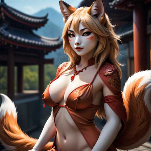 This image features a striking, computer-generated female character set against a backdrop of traditional Japanese architecture. The character is depicted with long, flowing blonde hair and distinct fox-like ears, adding a unique fantasy element to her appearance. She is adorned in a revealing red outfit that accentuates her large bust and toned midriff, complemented by a necklace that adds a touch of elegance. Her skin is fair, and she has a subtle smile on her face, exuding confidence and allure. The background showcases a classic Japanese temple, characterized by its iconic curved roof and wooden structure, enhancing the cultural context of the scene. The overall composition blends elements of fantasy and traditional Japanese aesthetics, creating a captivating visual narrative.