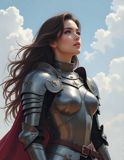 This image is a detailed, computer-generated illustration of a young woman in her 20s, depicted in a portrait orientation. She stands in a three-quarter profile, facing the right side of the frame, with her head slightly tilted upwards. Her long, dark brown hair cascades down her back, with a gentle breeze causing it to flow. She has fair skin, accentuated by a subtle application of makeup, including blush on her cheeks, and a hint of lipstick. Her eyes are a captivating blue, and her gaze is directed upwards, adding a sense of wonder to her expression.

She is adorned in a striking suit of armor that is predominantly silver, with intricate details. The armor features a high collar that sits snugly around her neck, and a chest plate that beautifully contours to her figure. The design includes a brown leather belt with a gold buckle, cinched at her waist. The armor's shoulder plates are adorned with floral patterns, and additional floral embellishments can be seen on the chest plate. The suit of armor extends down her arms, with visible sections of black fabric peeking out from beneath the metal plates. Her forearms are protected by silver armor, and a red cape drapes elegantly from her back.

The background is a serene blue sky dotted with fluffy white clouds, which adds to the overall dreamlike quality of the image. The detailed rendering of the armor and the softness of her hair and the clouds create a harmonious and captivating visual experience.