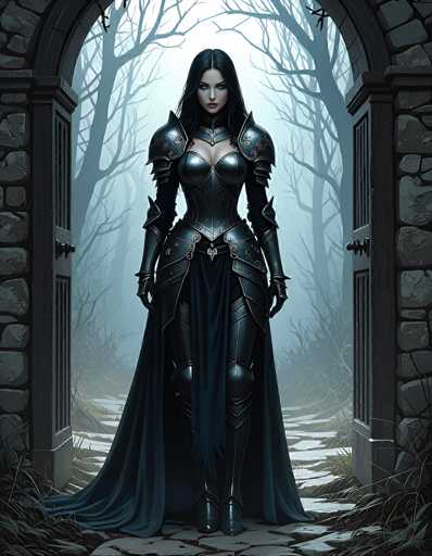 The image depicts a striking, computer-generated female warrior standing in a large, open stone archway. She is clad in intricate black armor that covers her shoulders, chest, waist, and legs, leaving her arms bare. A flowing black skirt extends from her waist, and she wears black boots. Her long, straight black hair cascades down her back, and her piercing blue eyes and red lips add to her fierce appearance. The background features a foggy, eerie forest with bare trees, creating a dark and mysterious atmosphere. The stone archway, with its dark gray and black hues, frames the warrior, who stands confidently on a stone pathway, exuding an aura of strength and readiness.