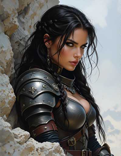 A woman with long dark hair is standing against a stone wall and wearing a medieval-style armor suit that includes a breastplate, helmet, and chainmail. She has her hair styled in braids and is looking directly at the camera.