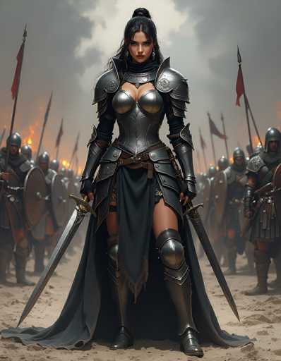 The image depicts a striking female warrior, possibly from a video game or a movie, standing prominently in the foreground. She is adorned in intricate silver armor that covers her shoulders, chest, and extends down to her knees, leaving her thighs exposed. Her long black hair is styled in a bun, with loose strands framing her face, and she wears silver earrings. Her intense gaze is directed straight at the viewer, exuding determination and strength.

In her hands, she wields two long silver swords, one in each hand. A black cape flows behind her, adding to her imposing presence. The background reveals a group of similarly armored soldiers, all facing the same direction, suggesting a united front. They carry flags and shields, with the flags displaying a red and black color scheme. The ground beneath them is a light brown dirt, and the sky above is filled with dark, ominous clouds, enhancing the dramatic atmosphere of the scene.