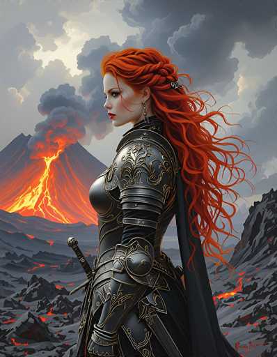 The image depicts a striking scene of a fiery volcanic eruption set against a backdrop of dark, ominous clouds. The volcano, located on the left side of the image, spews bright orange lava and thick plumes of smoke into the sky. The ground is covered in black volcanic ash, with glowing red lava seeping from cracks in the earth.

In the foreground stands a formidable female warrior, her long, wavy red hair cascading down her back. She is clad in intricately designed black armor adorned with gold accents, which includes a breastplate, shoulder plates, and a skirt. A black cape flows behind her, adding to her imposing presence. Her right hand rests on the hilt of a sword at her side, while her left hand is positioned on her hip. She gazes to the left, her expression stern and focused.

The warrior's face is accentuated with red lipstick and a touch of red paint on her cheek, complementing her pale complexion. She wears a long earring that dangles from her ear, adding a touch of elegance to her fierce appearance. The overall composition of the image creates a dramatic and intense atmosphere, highlighting the contrast between the serene beauty of the warrior and the raw power of nature.