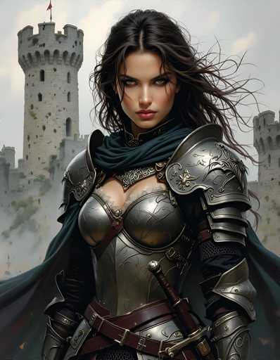 A woman dressed as a medieval princess stands before a castle with a tower and a moat, wearing a full metal suit of armor that includes a helmet and breastplate.