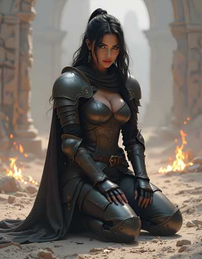 The image depicts a striking scene reminiscent of a video game or a fantasy movie. At the center is a woman with long, dark hair, styled in a half-up, half-down manner with bangs framing her face. She is dressed in an intricate black leather outfit that includes a corset, gloves, and a flowing cape. The outfit is designed with a low neckline, revealing a significant amount of cleavage. Her ensemble is completed with a brown belt featuring a gold buckle.

The woman is kneeling on a sandy surface, her hands resting on her thighs. The background is filled with the remnants of a once-grand building, now in ruins. Large stone columns, some still standing, are engulfed in flames, casting an eerie glow over the scene. The overall atmosphere is one of desolation and destruction, with the fire adding a dramatic and intense element to the image.