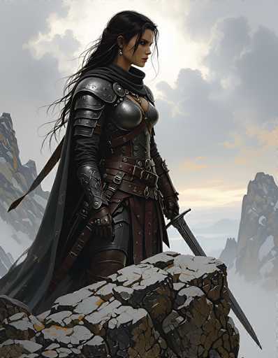 The image depicts a highly detailed, computer-generated illustration of a fierce female warrior standing on a rocky outcrop. She has long, dark hair cascading down her back and is adorned with silver earrings. Her attire is a combination of black leather and metal armor, including a chest plate, shoulder pads, and a flowing black cape. She wears multiple belts around her waist, with the bottom one being brown. The warrior is equipped with a sword in her left hand, which rests on the rock, and a sheath on her right side. The background features a dramatic sky with dark, gray clouds and a hint of sunlight breaking through, casting a yellowish hue. Surrounding her are jagged, gray mountains, adding to the rugged and intense atmosphere of the scene.