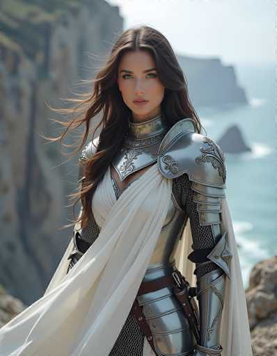 The image depicts a striking young woman, likely in her early 20s, with long, flowing brown hair that cascades down to her waist. She is adorned in a detailed medieval-style armor, complete with a breastplate, shoulder plates, and a skirt-like piece of armor that extends down to her knees. A sword is sheathed at her waist, and a brown belt cinches her waist. Draped over her armor is a flowing white robe that adds an elegant touch to her ensemble. Her face is framed by thick eyebrows, and she gazes directly at the camera with a serious expression. The background is blurred, but it suggests a coastal setting with visible water and rocks, adding to the dramatic and historical atmosphere of the scene.