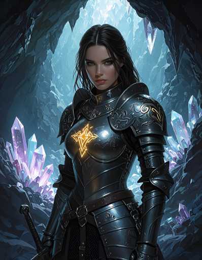 The image depicts a highly detailed, computer-generated scene of a young woman clad in ornate black armor, standing inside a cavernous cave. The cave's walls are adorned with large, purple and blue crystals that glow softly, casting a mystical light throughout the space. The woman, who has long, dark brown hair parted in the middle, is gazing directly at the viewer with striking green eyes. Her armor is intricately designed, featuring gold accents and a prominent glowing yellow star on her chest plate. She wears a brown belt with a silver buckle, and a sword is sheathed at her side. The overall atmosphere of the image is dark and mysterious, with the crystals providing the primary source of illumination.
