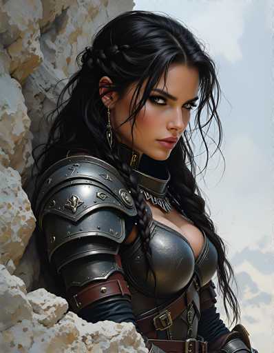 This image features a striking, computer-generated depiction of a warrior woman, possibly inspired by a character from a video game or movie. She stands against a backdrop of a light blue sky with white clouds and a rugged, rocky cliff. The warrior has long, dark black hair styled into two braids that cascade over her chest, with some strands falling loosely around her face. Her complexion is a rich brown, and she has dark eyebrows, green eyes, and full lips adorned with pink lipstick. She is dressed in intricate black armor that covers her chest, shoulders, and arms, with a leather belt cinched around her waist. The armor is detailed with various symbols, including a star and a triangle, and she wears a necklace with black and white accents. Her expression is intense, with a side-eye glance that exudes confidence and strength. The overall scene is vividly detailed, capturing the essence of a formidable female warrior.