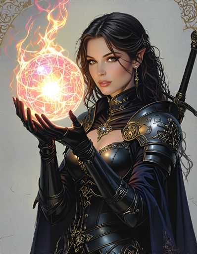 The image depicts a striking fantasy character, a female warrior with pointed ears reminiscent of an elf. She is adorned in a form-fitting black leather bodysuit, intricately detailed with gold accents. Her ensemble includes a black leather glove, a cape, and a sword strapped to her back. The character's long, dark hair cascades down her back, and she wears a single earring in her left ear. Her eyes are a captivating greenish-brown, and she has a light complexion. She is holding a glowing orb in her hands, which emits a fiery red and yellow light, with flames rising from it. The background is a light gray, featuring a subtle gold filigree design in the upper left and right corners. The overall composition is vertical, with the character's body angled slightly to the left, while her face is turned towards the viewer.