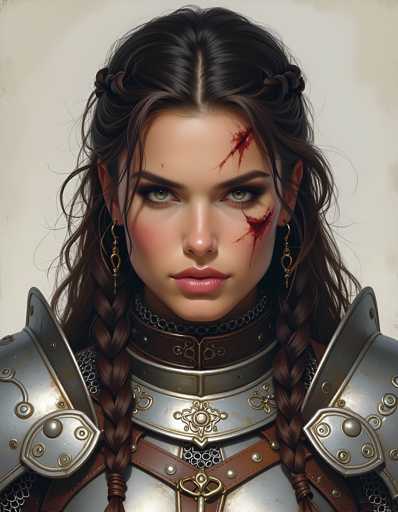 A woman with long brown hair and a gold necklace is shown wearing a silver armor suit that has a large wound on her forehead. The image also contains the text "What, Who, Where, When, How".