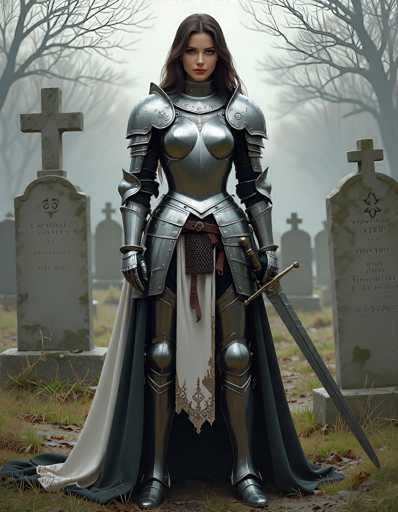 In this captivating image, a woman stands poised in a serene cemetery, surrounded by headstones and trees. She is adorned in a full suit of armor, complete with a flowing cape that adds an air of elegance to her warrior-like appearance. Her long, dark hair cascades down her back, framing her face, which is marked by a serious and focused expression. She grips a sword in her right hand, its tip resting on the ground, while her left hand is positioned near her waist, fingers splayed. The headstones around her are inscribed with various names and dates, though the details are not legible. The headstones are predominantly gray, with some featuring crosses and others adorned with intricate designs. The grass in the cemetery is a mix of green and brown, adding to the somber yet peaceful atmosphere. The woman's armor gleams with a silver hue, contrasting beautifully with her black boots and the white cloth that drapes between her legs. The overall scene is one of quiet strength and reflective beauty.