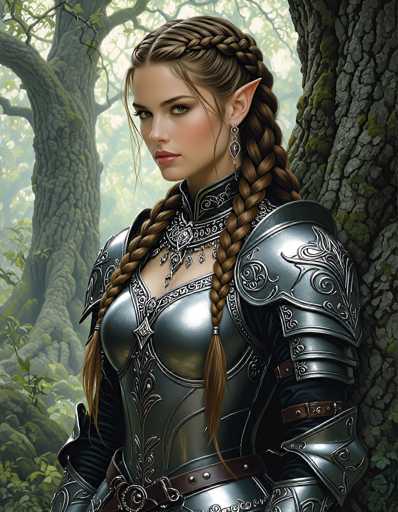 The image depicts a highly detailed, computer-generated or AI-generated fantasy scene featuring a young female elf warrior. She stands in a lush, forested area with a large tree behind her, its trunk adorned with moss and greenery. The elf has long, brown hair styled in two braids that fall over her chest, with a few loose strands framing her face. Her pointed ears and striking green eyes add to her elven appearance. She is dressed in ornate, silver armor that covers her chest, shoulders, and arms, with intricate black and silver designs. A brown belt cinches her waist, and she wears a long, flowing black dress beneath the armor. Her expression is serious, and she gazes directly at the viewer. The overall scene is rich in detail, with a slightly blurred background that emphasizes the elf warrior as the focal point.