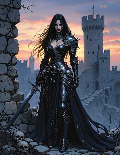 The image depicts a striking scene of a gothic, dark fantasy setting. At the center stands a woman clad in elaborate black leather armor, complete with a flowing cape and a belt adorned with two skulls. Her long, dark hair cascades down her shoulders, and she wears a choker around her neck. She holds a sword in her right hand, poised for action. The background features a grand, gray stone castle with a prominent tower topped by a flag, set against a sky painted in hues of pink, orange, and blue, suggesting either dawn or dusk. The castle's walls are dotted with numerous windows, and a stone staircase leads up to the entrance. To the left of the woman, a stone wall is visible, and at her feet lie two skulls, adding to the eerie atmosphere. The scene is rich in detail, with a color palette dominated by shades of black, gray, and blue, enhancing the gothic and mysterious ambiance.