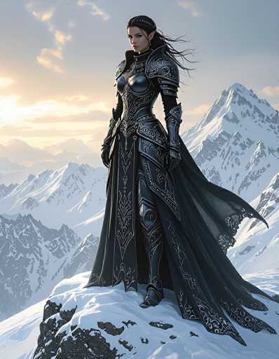 In this captivating image, a striking female character stands poised atop a snow-covered mountain peak. She is adorned in an elaborate black outfit that combines elements of both armor and a dress, featuring intricate white designs that add a touch of elegance to her formidable appearance. Her attire includes a flowing cape that billows gracefully in the wind, and she wears black boots that complement her ensemble. The character's long, flowing black hair cascades down her back, and her pointed ears suggest a fantastical or otherworldly nature. She gazes intently to the left, her expression serene yet determined. The backdrop reveals a majestic mountain range blanketed in snow, with the sun either rising or setting on the left side of the image, casting a warm glow over the scene. The sky above is a mix of blue and gray hues, dotted with clouds, adding to the ethereal atmosphere. The overall composition is a harmonious blend of black, white, and gray tones, creating a visually stunning and detailed portrayal of this enigmatic figure in a serene, wintry landscape.
