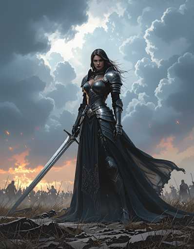 The image depicts a striking female warrior standing in a powerful, battle-ready stance. She is adorned in intricate black armor that covers her chest, shoulders, and arms, with a flowing black skirt that extends to the ground. Her long, dark hair cascades down her back, and she wears a serious expression on her face. In her right hand, she wields a large sword, while her left hand is positioned behind her. The ground beneath her is littered with debris, including rocks and broken concrete, with patches of grass sprouting through. In the background, a vast army of soldiers, also armed with swords, stands ready for battle. The sky above is filled with dark, ominous clouds, though a small patch of light breaks through, casting a dramatic glow over the scene.