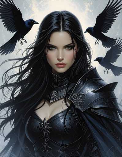 A digital painting of a beautiful woman with long, flowing black hair and piercing green eyes. She is wearing dark, ornate armor that appears to be made of a textured, possibly metallic material. The armor has intricate details and a high collar that frames her face. Her expression is intense, with a slightly serious or determined look. Three black ravens are perched around her head, adding to the dramatic and slightly mystical atmosphere of the artwork. The background is a soft, ethereal blend of light and shadow, with hints of a stormy or otherworldly sky. The overall style is detailed and painterly, emphasizing texture and light.