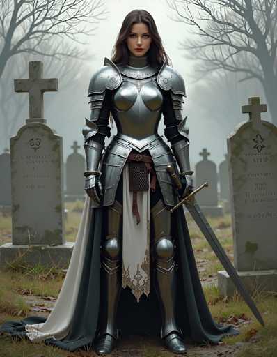 A woman dressed as a medieval princess stands in front of two gravestones on a foggy graveyard. She wears a long black dress and holds a sword in her right hand while wearing a white cape that flows behind her. The gravestones are made of stone and have crosses on top, indicating their significance as places of rest for the deceased.