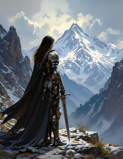 The image depicts a detailed, computer-generated scene of a female knight standing on a rocky outcrop, gazing at a majestic, snow-capped mountain range. The knight, adorned in full silver armor with intricate gold accents, wears a long black cape that billows behind her. Her long, dark brown hair cascades down her back, and she holds a sword pointed downward in her right hand. The rocky terrain beneath her is gray, with patches of green grass and brown weeds sprouting from the crevices. The sky above is a mix of gray and white, with clouds partially obscuring the sun, casting a soft light over the scene. The mountain range in the background features a prominent peak with a bluish tint, surrounded by smaller peaks and a valley filled with fog, creating a mystical atmosphere.