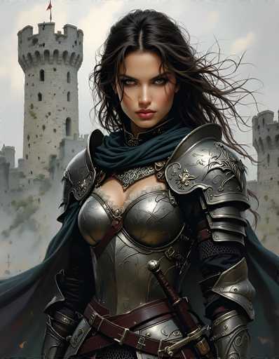 The image depicts a highly detailed, computer-generated scene of a medieval setting. Dominating the background is a grand castle with a prominent tower, its stone walls weathered and adorned with patches of moss. The sky above is a somber gray, adding to the overall mood of the scene.

In the foreground stands a formidable female warrior, exuding strength and determination. She has long, dark brown hair that cascades past her shoulders, with a few strands playfully flying in the wind. Her striking green eyes and full lips are accentuated by her fair complexion. She is clad in intricate silver armor, complete with a chest plate, shoulder plates, and a skirt. A dark green scarf is wrapped around her neck, adding a touch of color to her metallic attire. 

A sword is holstered at her side, its hilt resting against her leg, ready for action. Her arms are covered in black fabric, and she wears silver armor on her forearms, with additional protection on her hands. The overall composition of the image is rectangular, with the left and right sides being twice as long as the top and bottom sides, emphasizing the grandeur and scale of the scene.