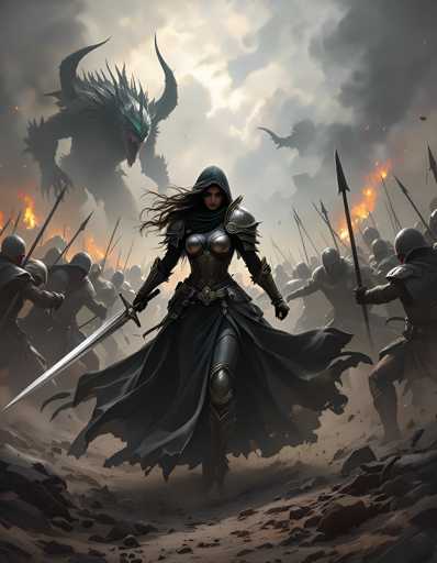 The image depicts a woman dressed as a medieval princess with a long black dress and a hooded cloak, holding a sword and spear amidst a group of knights on horseback. The background is filled with smoke and flames, creating an atmosphere of chaos and danger.