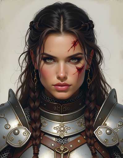 This image is a detailed, computer-generated illustration of a young woman, likely in her late teens or early twenties. She has long, dark brown hair styled into two braids that frame her face. Her hair is slightly tousled, with a few loose strands falling over her forehead. She has striking green eyes accentuated by dark eyeliner and mascara, and her lips are a soft pink shade. Her complexion is fair, with a touch of blush on her cheeks.

Her expression is serious, and she gazes directly at the viewer. Notably, she has two prominent scars on her face: one on her right cheek and another on her forehead, both appearing fresh and slightly bloody. She is adorned with gold earrings that dangle from her ears, and she wears a distinctive outfit that combines elements of medieval and futuristic design. Her attire includes a silver armor-like top with intricate gold accents, including a central emblem resembling a flower. The armor is layered over a brown leather strap, and there are visible chain mail elements around her neck and chest. The overall aesthetic is a blend of historical and speculative, creating a unique and captivating visual.