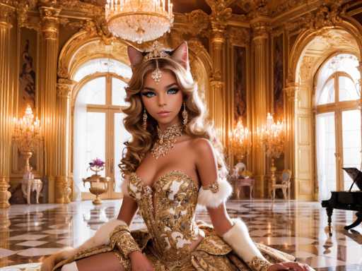 A stunning, anthropomorphic feline model commands attention in a lavish, ornate room. She's adorned in an elaborate golden gown with cat ears and a jeweled collar, seated on a patterned floor. The opulent setting features gilded details, crystal chandeliers, and a grand piano, creating a fantastical, high-fashion portrait.