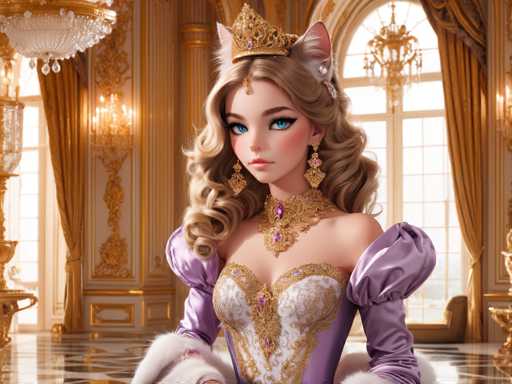A stunning, anime-style princess with cat ears and a regal gown sits in an opulent room. She wears a jeweled collar, ornate crown, and elaborate jewelry, gazing directly at the viewer with captivating blue eyes. The scene is richly detailed, showcasing a fantasy aesthetic with golden details and soft lighting.