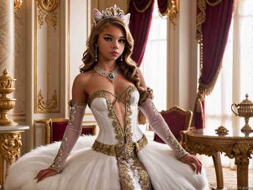 A stunning, digitally-rendered portrait features a young woman in an elaborate, fantastical gown resembling a cat costume. She wears a white, ornate bodice with golden accents and a voluminous skirt, complemented by long, sheer sleeves. A cat-ear tiara adorns her head, and a jeweled necklace adds to the regal aesthetic. The opulent setting features gilded furniture and rich fabrics, creating a highly stylized, fairytale-like atmosphere.