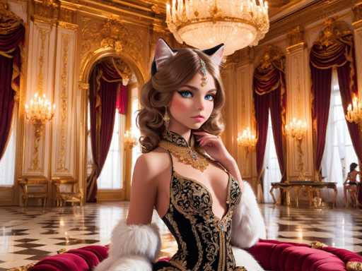 A glamorous, anthropomorphic cat-girl in a lavish, ornate room commands attention. She's seated on a plush red velvet chaise lounge, adorned in an elaborate black and gold gown with fur accents. The opulent setting features gilded details, crystal chandeliers, and a mirrored floor, creating a fantastical, high-fashion portrait with a focus on intricate detail.