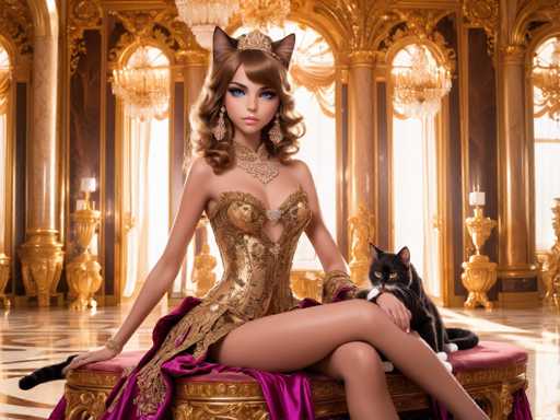A stunning, anthropomorphic cat-girl in an ornate golden gown sits regally on a velvet cushion. She's adorned with a jeweled crown and wears a black cat companion, creating an opulent, fantasy-inspired scene. The art style is highly detailed and painterly, emphasizing rich textures and a luxurious, golden ambiance.