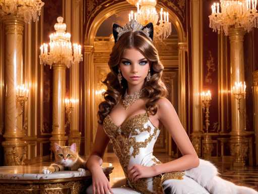 A glamorous, feline-inspired portrait features a woman in an ornate, golden gown with cat ears and a jeweled collar. A fluffy cat rests on a marble table beside her, mirroring the woman's elegant pose. The opulent setting, with gilded columns and chandeliers, evokes a luxurious, fantastical aesthetic reminiscent of a vintage fashion editorial.