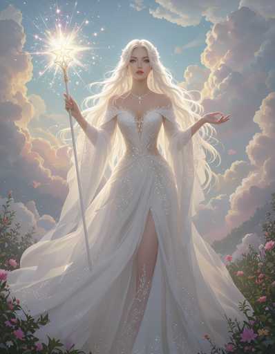 A woman with long blonde hair and a white dress is depicted holding a wand against a backdrop of clouds and flowers.