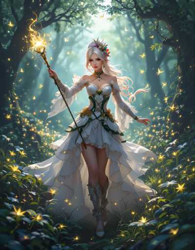 The image depicts a highly detailed, computer-generated fantasy scene featuring a young woman with long, flowing white hair adorned with flowers and a crown. She stands in the center of a lush forest, surrounded by tall trees and vibrant greenery. The woman is dressed in a white gown with a corset-like bodice, a short skirt, and long sleeves that extend to her wrists. She wears knee-high boots with intricate designs. In her right hand, she holds a glowing wand that emits a golden light, illuminating the surrounding area. The forest around her is filled with glowing yellow butterflies and white flowers, adding to the enchanting atmosphere. The scene is bathed in a soft, ethereal light, enhancing the magical and serene quality of the image.