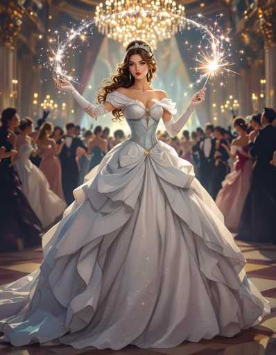 A woman is standing in front of a large chandelier and holding a wand with sparks flying out of it. She is wearing a long white dress that has ruffles on the sides. The background shows other people dressed up for a party or event.