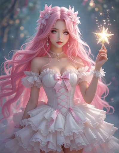 This image is a detailed digital illustration of a young woman with long, flowing pink hair adorned with two pink flowers on either side of her head. She has striking blue eyes and is wearing a white dress with pink accents, including a pink bow on the front. The dress features a corset-like top with a pink ribbon and lace-up detail. Her arms are adorned with white bracelets, and she is holding a golden stick topped with a glowing star, from which sparkles and magical stars emanate. The background is a blurred mix of blue and pink hues, with indistinct shapes that could be trees or other elements, creating a dreamy atmosphere. The overall style of the illustration is highly detailed and realistic, capturing the enchanting and magical essence of the scene.