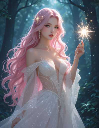 The image depicts a highly detailed, computer-generated or AI-generated fantasy scene featuring a young woman with long, flowing pink hair. She is adorned in a white, sparkly dress that reveals her shoulders and chest, with a deep V-neckline that extends down to her belly button. The dress is intricately designed with sheer, sparkly fabric that drapes elegantly over her arms. She wears a matching white choker necklace and dangling earrings, both embellished with diamonds and pearls. Her lips are painted a soft pink, complementing her fair complexion. In her left hand, she holds a wand that emits a magical spark, adding to the enchanting atmosphere. The background is a dark, dense forest with tall trees and lush green leaves, illuminated by a soft light that enhances the mystical ambiance of the scene.