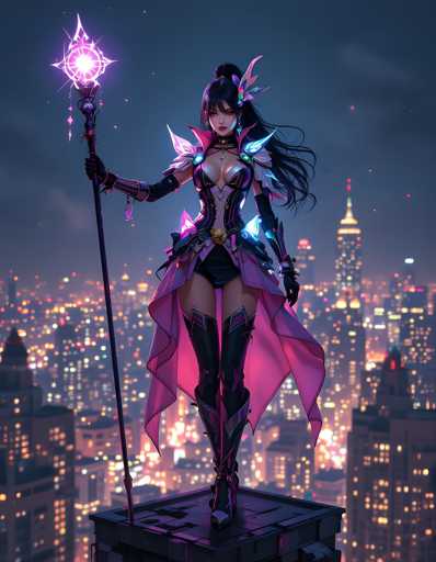 A woman dressed as a witch stands on top of a building at night, holding a wand and wearing a purple dress with wings. The city skyline is visible below her, illuminated by the lights from the buildings.