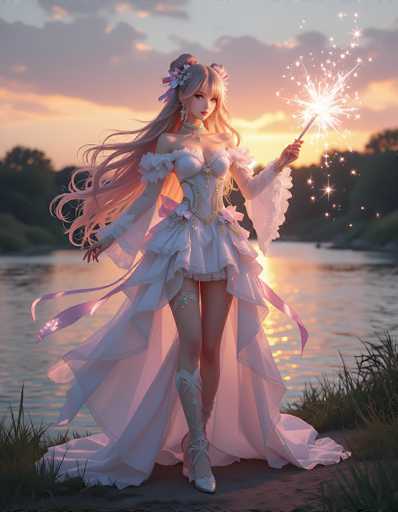 The image depicts a highly detailed, computer-generated anime-style girl standing on a sandy beach with a serene lake behind her. The scene is set during sunset, with the sky painted in hues of pink, orange, and purple, and the sun casting a warm glow over the water. The girl has long, flowing pink hair adorned with flowers and ribbons, cascading down to her waist. She is dressed in an elaborate white gown with a corset-like bodice, frilly sleeves, and a short skirt that transitions into a flowing tail. Her outfit is complemented by white stockings and silver high heels. She holds a wand in her left hand, from which sparkles and stars emanate, adding a magical touch to the tranquil setting. The overall composition is vibrant and enchanting, capturing a moment of ethereal beauty.