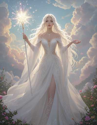 The image depicts a stunning, AI-generated fantasy scene featuring a young woman with long, flowing white hair. She is adorned in a white, strapless gown that reveals her shoulders and chest, with a high slit extending up to her thigh. The dress is embellished with intricate lace and sparkles, adding to its ethereal beauty. Her hair cascades down her back, framing her face, which is highlighted by her red lips and blue eyes. She wears a delicate silver necklace and earrings, enhancing her ethereal appearance.

In her right hand, she holds a white staff topped with a golden star that radiates light and magical sparks. Her left hand is extended outward, palm up, as if casting a spell. The background is a dreamy sky filled with fluffy clouds in shades of pink, purple, and blue, with a hint of a light blue sky peeking through. Surrounding her are lush green plants and vibrant pink flowers, adding to the enchanting atmosphere. The overall scene exudes a sense of magic and wonder, reminiscent of a fairy tale or fantasy world.