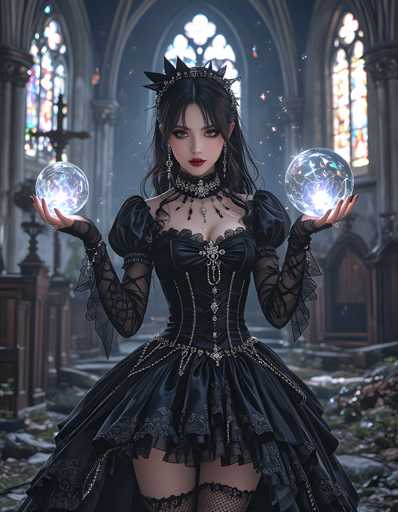 A woman dressed in a black ball gown with a crown on her head is standing in front of a large window and holding two crystal balls.