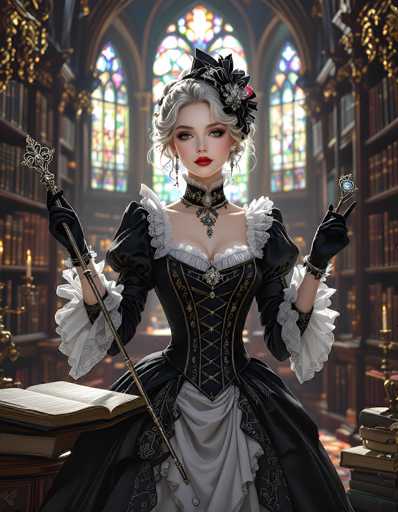 The image depicts a young woman dressed in an elaborate Victorian-style outfit, standing in a grand, ornate library. She wears a black dress adorned with intricate gold designs and white frills, complemented by a white apron-like garment. Her ensemble includes a black choker necklace with a pendant, and she has black gloves on her hands. Her gray hair is styled in an updo with a large black bow, and she wears red lipstick and eye makeup. In her right hand, she holds a golden scepter, while her left hand grasps a small, round blue object. The library around her is filled with tall bookshelves and large, colorful stained glass windows, adding to the majestic atmosphere. A stack of books rests on a table to her left, and a candle holder is visible on the right. The overall scene exudes a sense of elegance and historical richness.