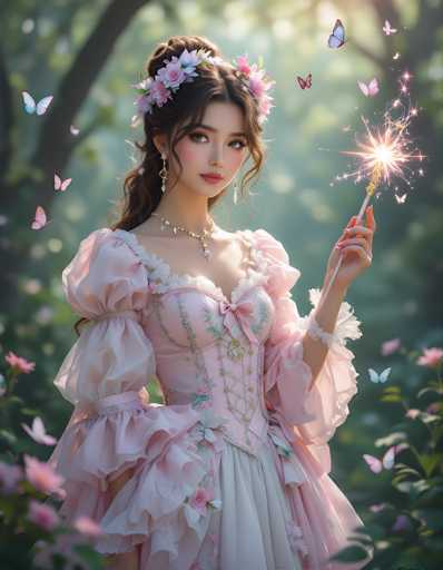 This captivating image features a young woman, likely in her late teens, with a fair complexion and dark brown hair styled into an elegant updo. Her hair is adorned with a delicate floral headpiece, adding a touch of natural beauty to her look. She is dressed in a stunning pink gown that exudes both grace and charm. The gown features a fitted bodice with a charming bow detail, while the voluminous skirt is adorned with layers of ruffles, creating a romantic and whimsical silhouette. The sleeves of her gown are equally enchanting, with puffy sleeves that end in elegant white lace cuffs. 

Her ensemble is complemented by a pink choker necklace, which adds a touch of delicate elegance to her neckline. She is holding a wand that emits magical sparks, enhancing the enchanting atmosphere of the scene. Surrounding her are numerous butterflies, adding a touch of magic and fairy tale to the image. The background is softly blurred, with hints of green foliage, suggesting a serene and natural setting. This image beautifully captures a moment of ethereal grace and enchantment, making the viewer feel as though they have stepped into a magical world.