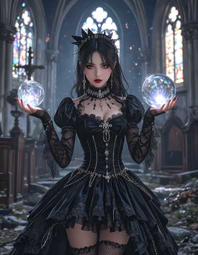 A captivating digital painting of a young woman in a gothic-inspired black dress, holding glowing orbs. The scene is set within an old, dimly lit cathedral with stained-glass windows casting a soft, ethereal light. The woman's expression is serene yet powerful, with her long black hair cascading around her shoulders. She wears intricate lace and ornate details on her dress, complemented by a dark, jeweled crown. The overall atmosphere is one of mystery and enchantment, with subtle dust particles floating in the air.