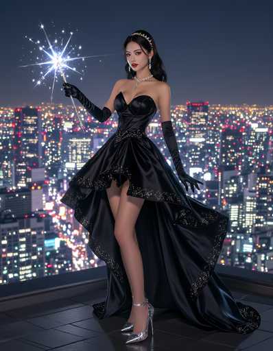 In this captivating image, a young Asian woman stands gracefully on a rooftop, exuding elegance and charm. She is adorned in a stunning black dress that features a daring slit on the side, revealing her leg. The dress is embellished with sparkling details along the bottom hem and the waist, adding a touch of glamour. Complementing her attire, she wears long black gloves that extend to her elbows, a sparkling diamond necklace, and matching diamond earrings. Her ensemble is completed with silver high heels and a delicate tiara that sits atop her long, dark hair.

In her right hand, she holds a silver wand that emits dazzling white sparkles, creating a magical aura around her. The rooftop floor beneath her is a sleek black, providing a striking contrast to her outfit. Behind her, the cityscape unfolds with numerous buildings illuminated by a myriad of lights, painting a vibrant backdrop. The sky above is a deep, dark blue, indicating that the scene is set at night. The overall composition of the image is both enchanting and sophisticated, capturing a moment of serene beauty amidst the urban night.